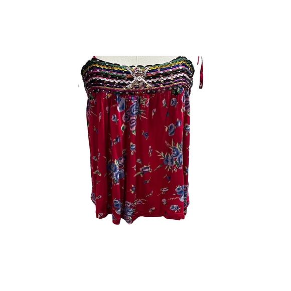 Free People Shoulder Ties Boho Red Multicolor Floral Sequin Beaded Tank Sz Med - Picture 16 of 16